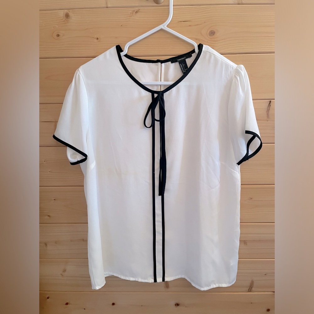 White Tie-Neck Blouse with Black Trim - Women’s Top